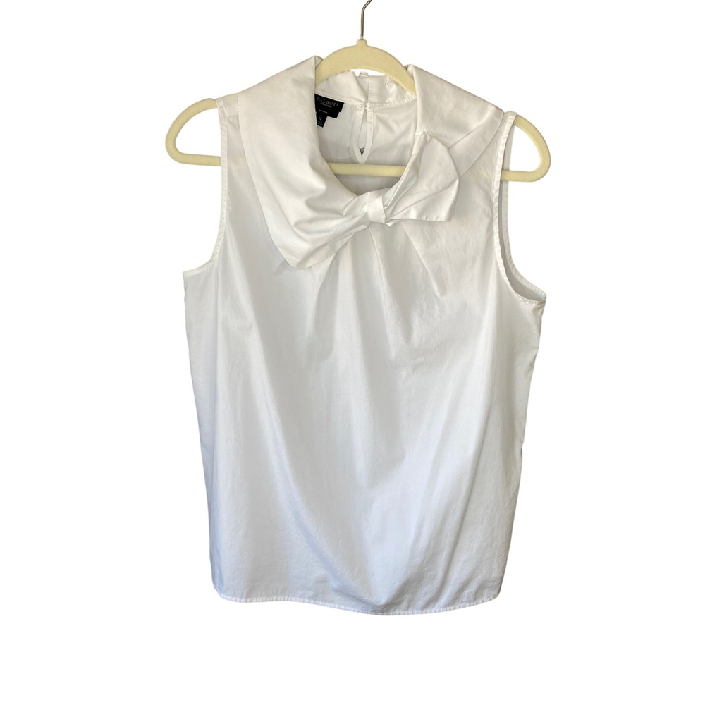 Talbots White Sleeveless Bow Neck Stretch Cotton Blouse Top Size 12 Mock Neck